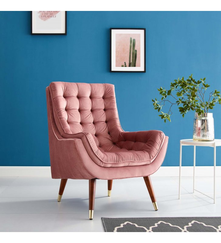 Suggest Button Tufted Performance Velvet Lounge Chair in Dusty Rose - Lexmod