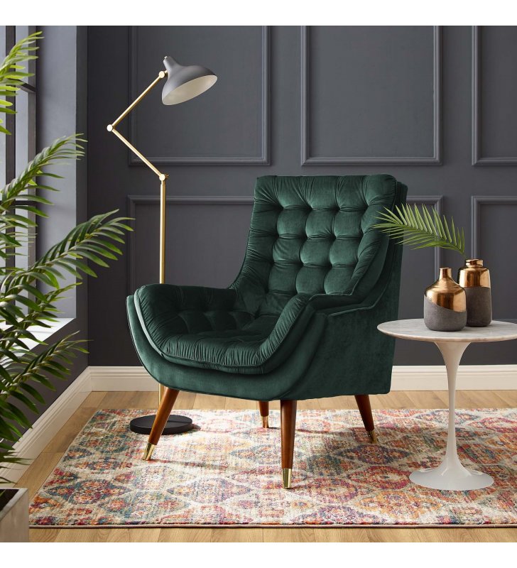 Suggest Button Tufted Performance Velvet Lounge Chair in Green - Lexmod