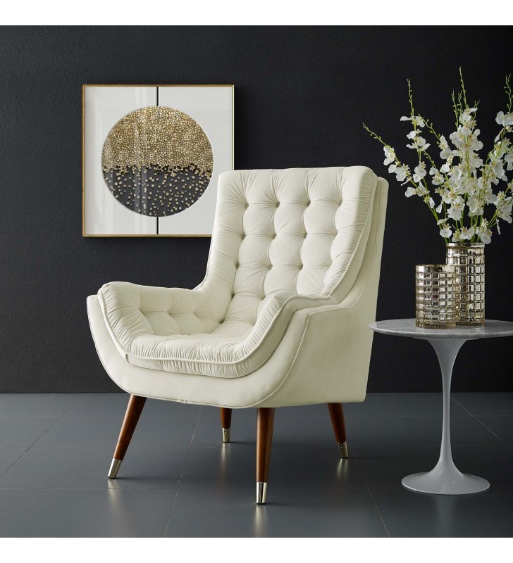 Suggest Button Tufted Performance Velvet Lounge Chair in Ivory - Lexmod