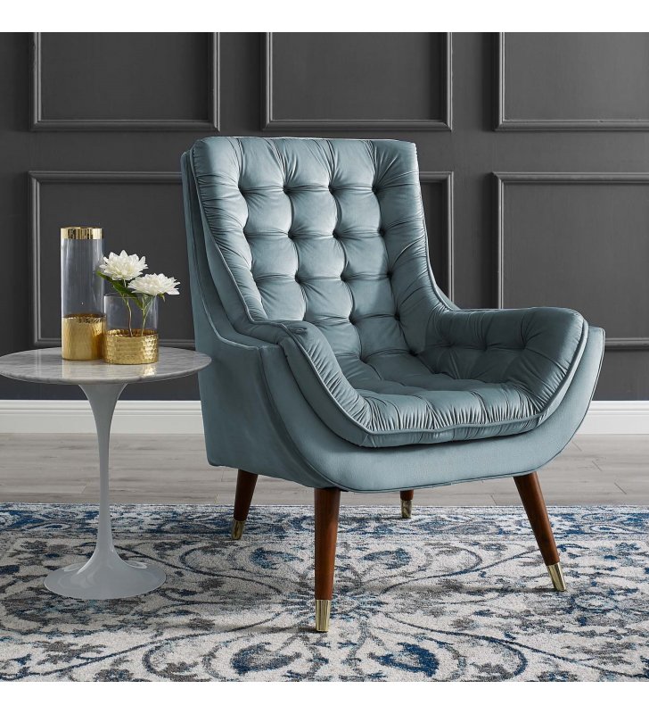 Suggest Button Tufted Performance Velvet Lounge Chair in Light Blue - Lexmod