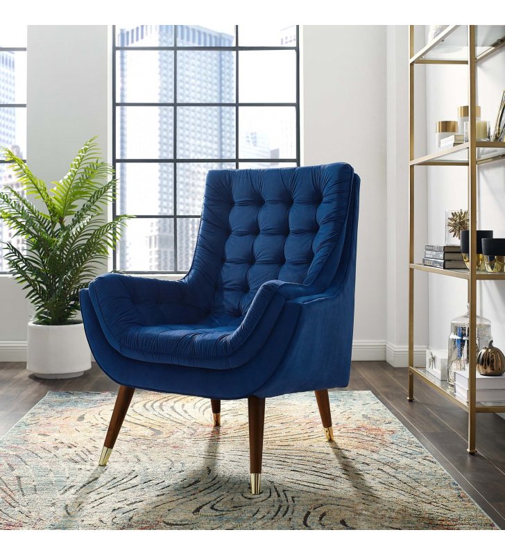 Suggest Button Tufted Performance Velvet Lounge Chair in Navy - Lexmod