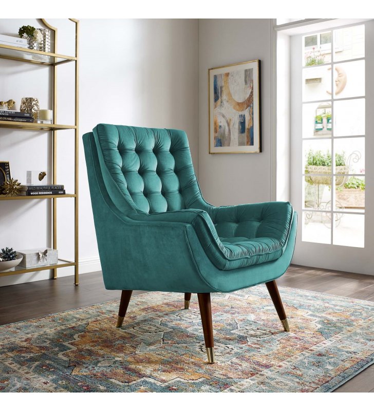 Suggest Button Tufted Performance Velvet Lounge Chair in Teal - Lexmod