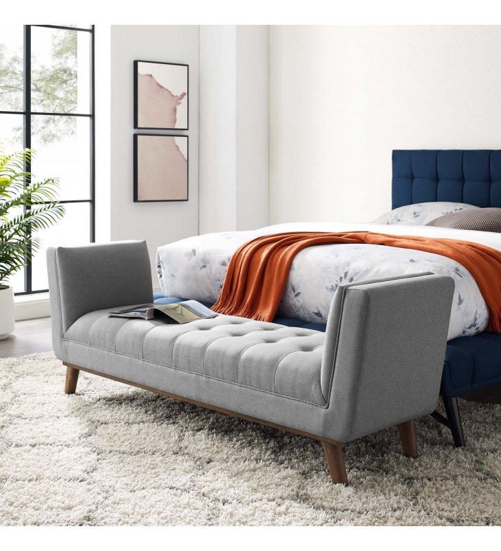 Haven Tufted Button Upholstered Fabric Accent Bench in Light Gray - Lexmod