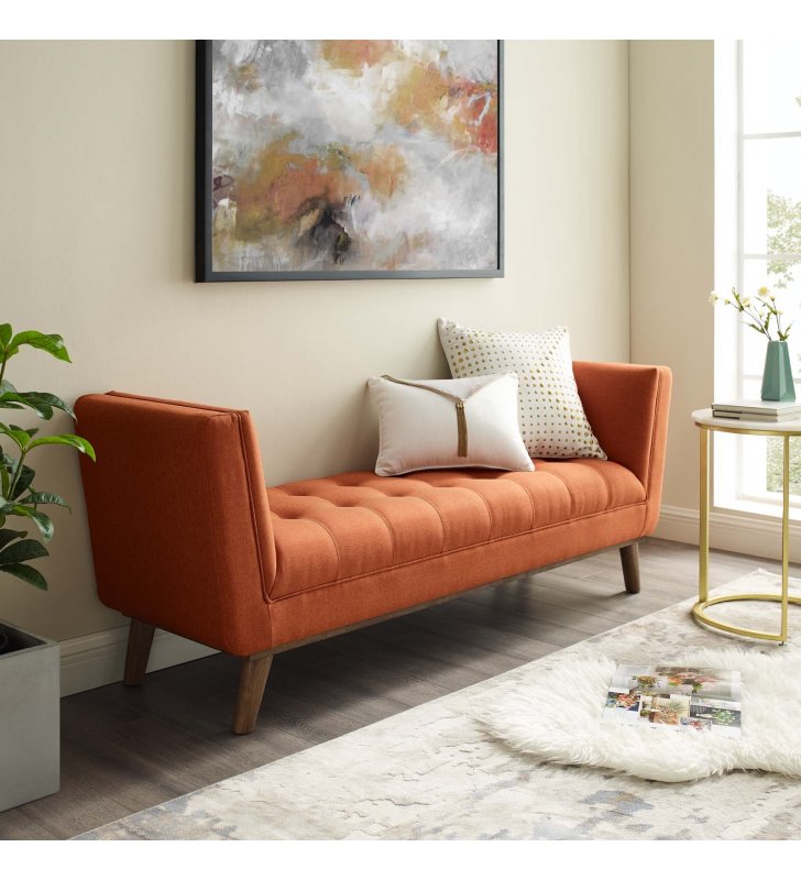 Haven Tufted Button Upholstered Fabric Accent Bench in Orange - Lexmod