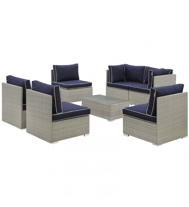 Repose 7 Piece Outdoor Patio Sectional Set in Light Gray Navy - Lexmod