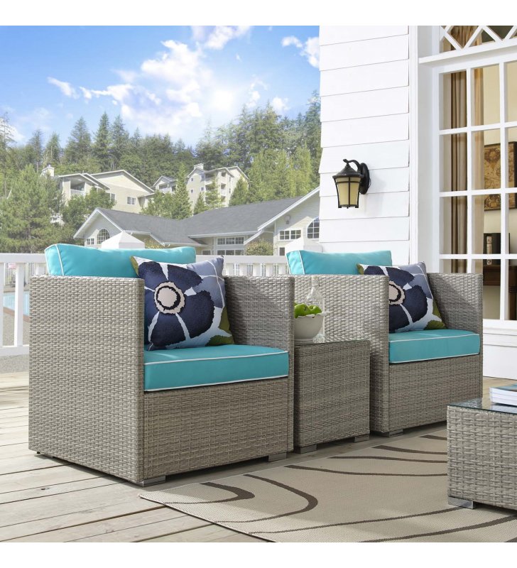Repose 3 Piece Outdoor Patio Sectional Set in Light Gray Turquoise - Lexmod