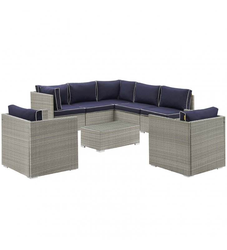 Repose 8 Piece Outdoor Patio Sectional Set in Light Gray Navy - Lexmod
