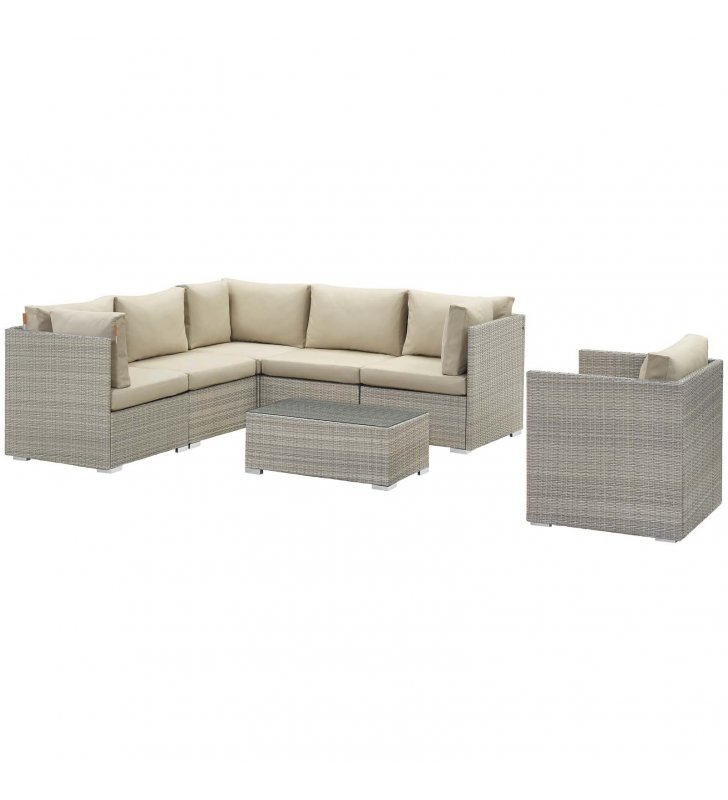 Repose 7 Piece Outdoor Patio Sunbrella¬Æ Sectional Set in Light Gray Beige - Lexmod