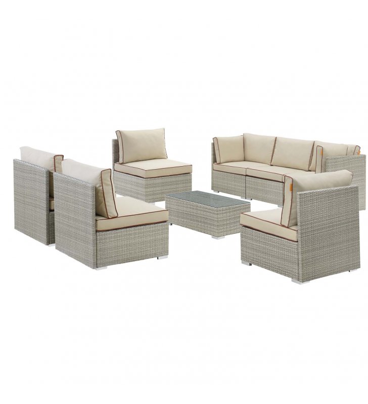 Repose 8 Piece Outdoor Patio Sectional Set in Light Gray Beige - Lexmod