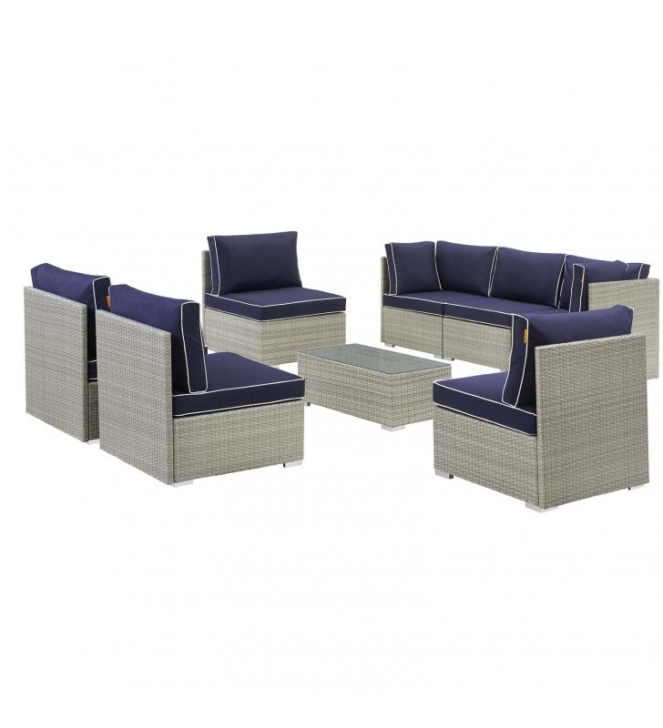 Repose 8 Piece Outdoor Patio Sectional Set in Light Gray Navy - Lexmod