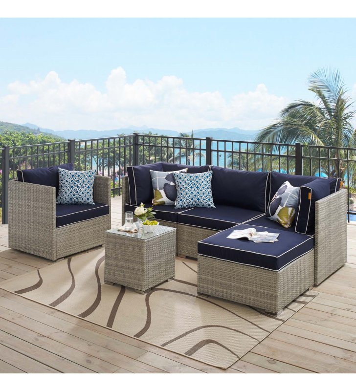 Repose 6 Piece Outdoor Patio Sectional Set in Light Gray Navy - Lexmod