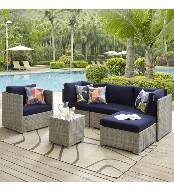 Repose 6 Piece Outdoor Patio Sunbrella¬Æ Sectional Set in Light Gray Navy - Lexmod