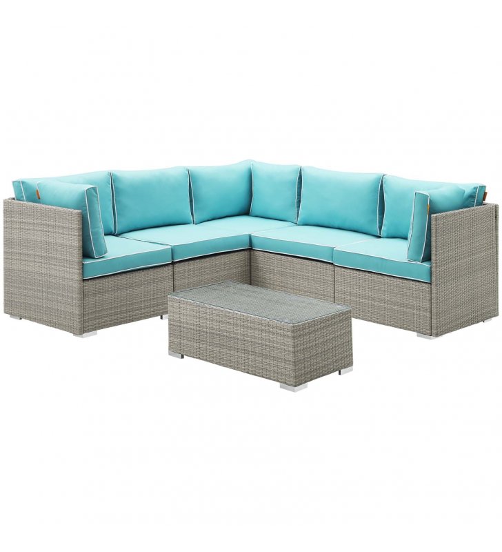 Repose 6 Piece Outdoor Patio Sectional Set in Light Gray Turquoise - Lexmod