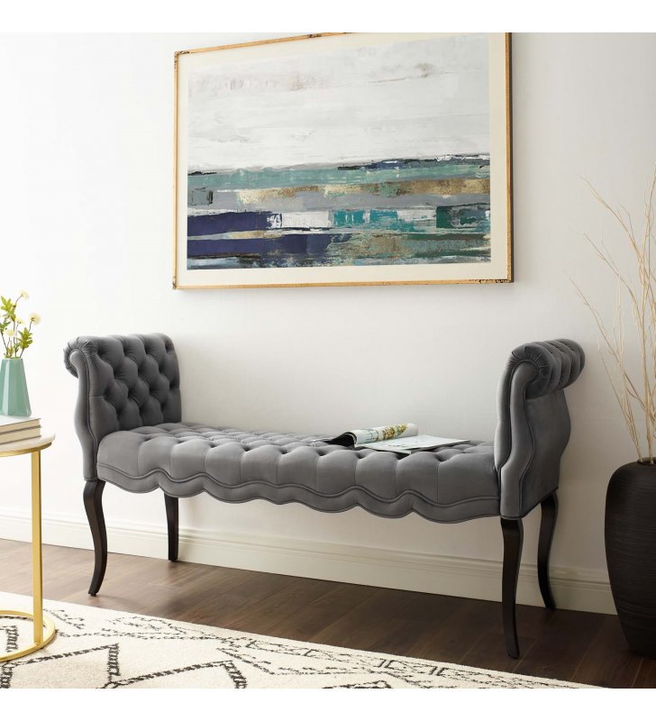 Adelia Chesterfield Style Button Tufted Performance Velvet Bench in Gray - Lexmod