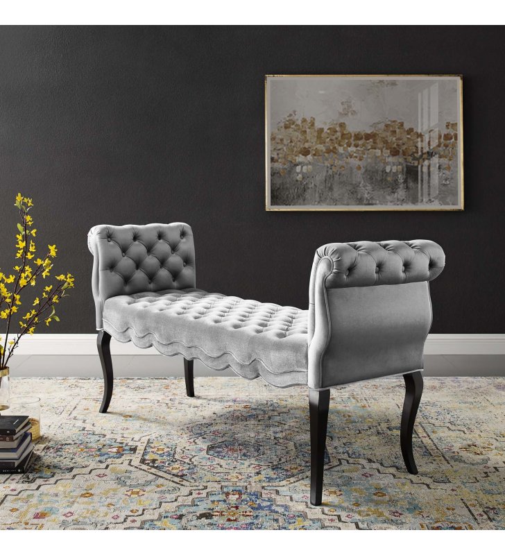 Adelia Chesterfield Style Button Tufted Performance Velvet Bench in Light Gray - Lexmod