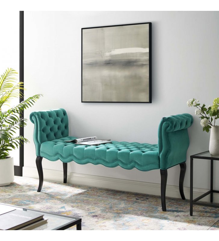 Adelia Chesterfield Style Button Tufted Performance Velvet Bench in Teal - Lexmod