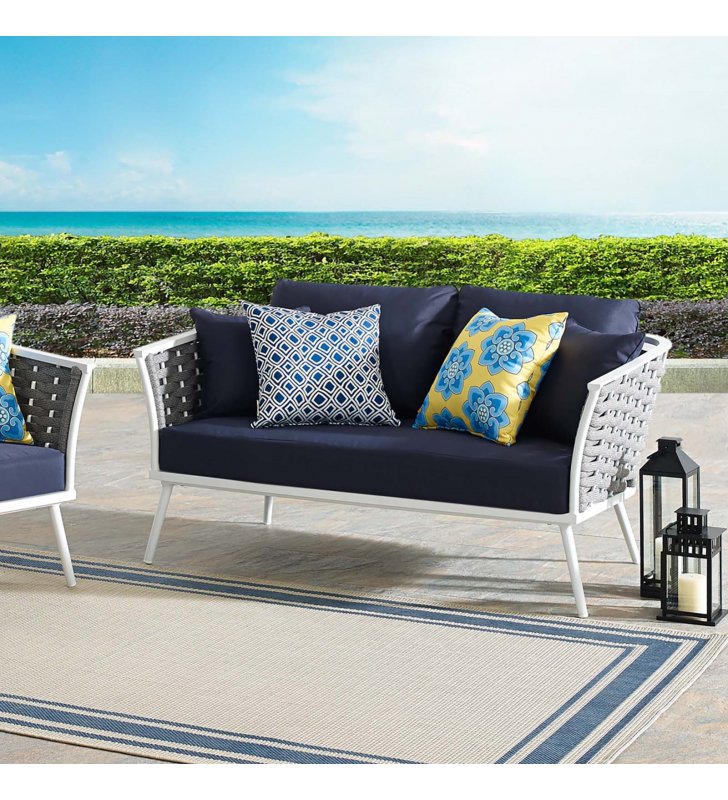Stance Outdoor Patio Aluminum Loveseat in White Navy - Lexmod