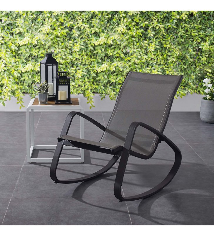 Traveler Rocking Outdoor Patio Mesh Sling Lounge Chair in Black Black - Lexmod