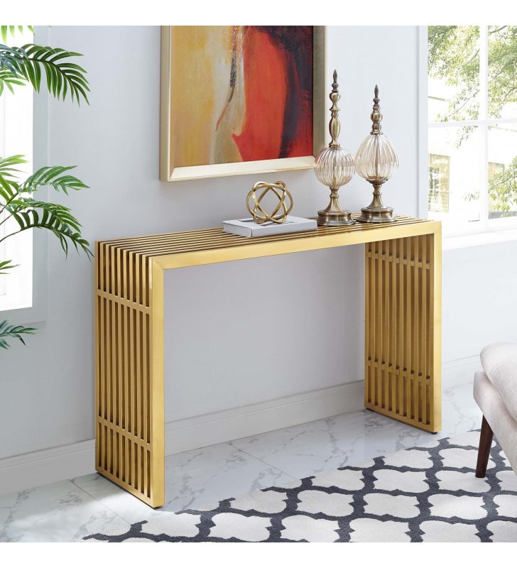 Gridiron Stainless Steel Console Table in Gold - Lexmod