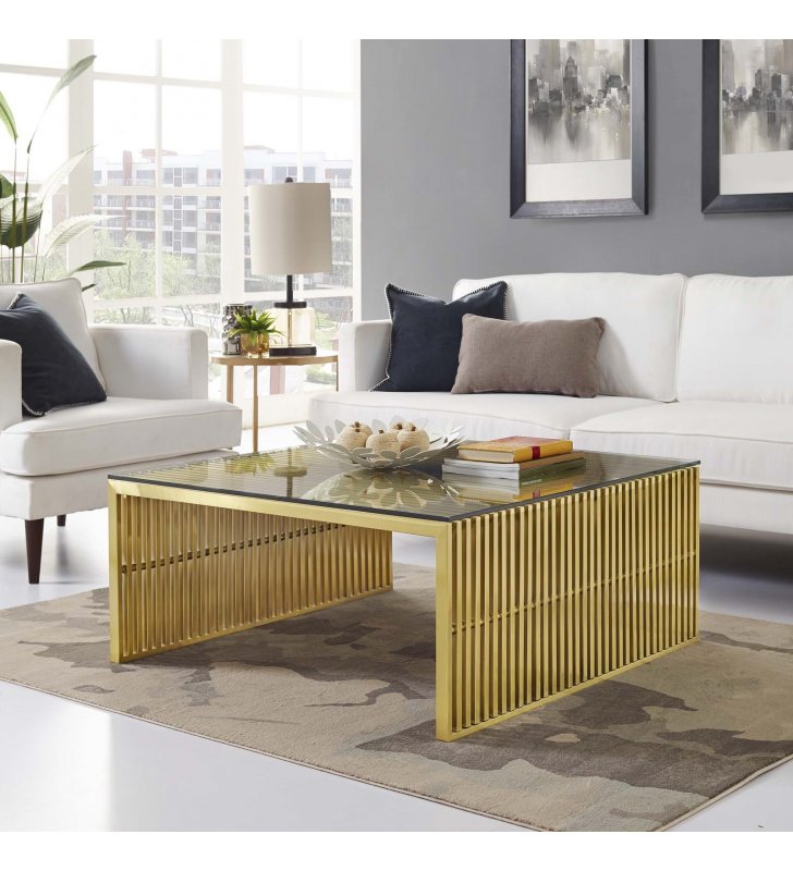 Gridiron Stainless Steel Coffee Table in Gold - Lexmod