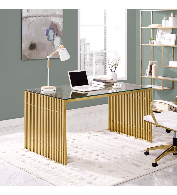 Gridiron Stainless Steel Dining Table in Gold - Lexmod