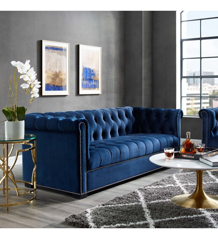 Heritage Performance Velvet Sofa in Midnight Blue - Lexmod