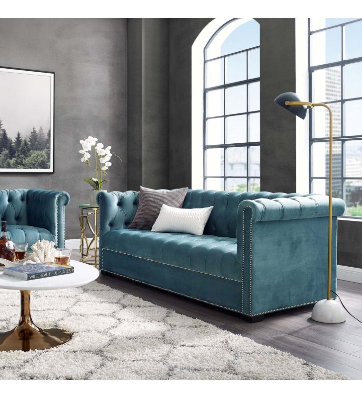 Heritage Performance Velvet Sofa in Sea Blue - Lexmod