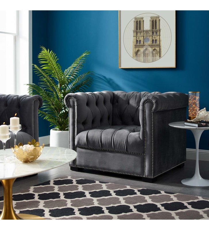 Heritage Performance Velvet Armchair in Gray - Lexmod