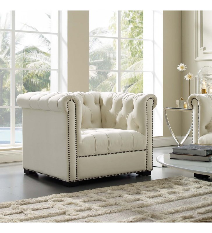 Heritage Performance Velvet Armchair in Ivory - Lexmod