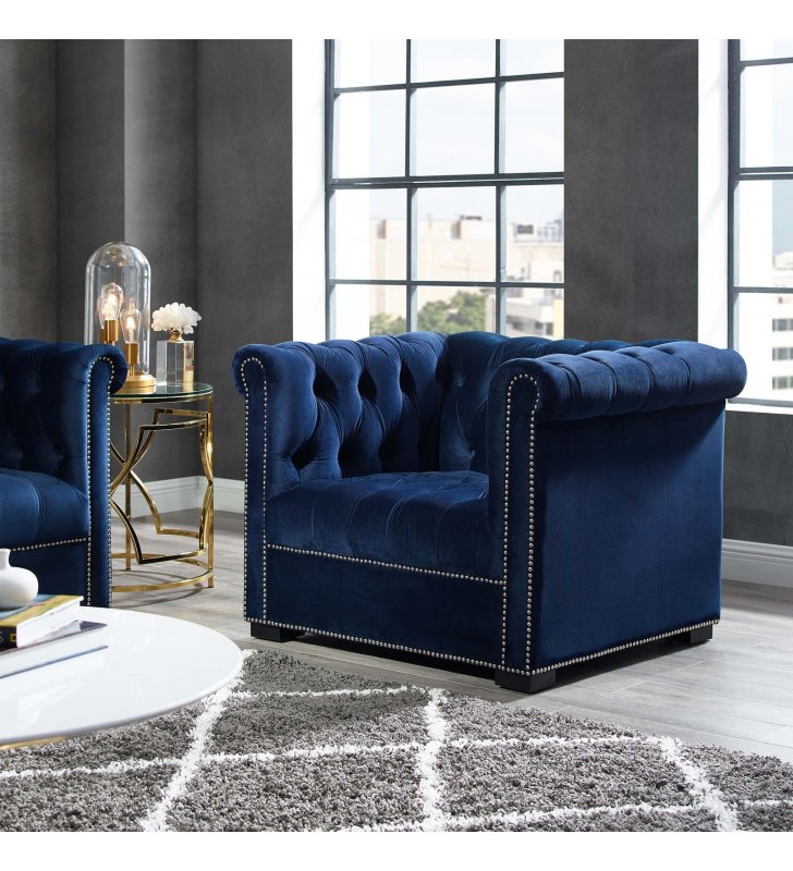 Heritage Performance Velvet Armchair in Midnight Blue - Lexmod