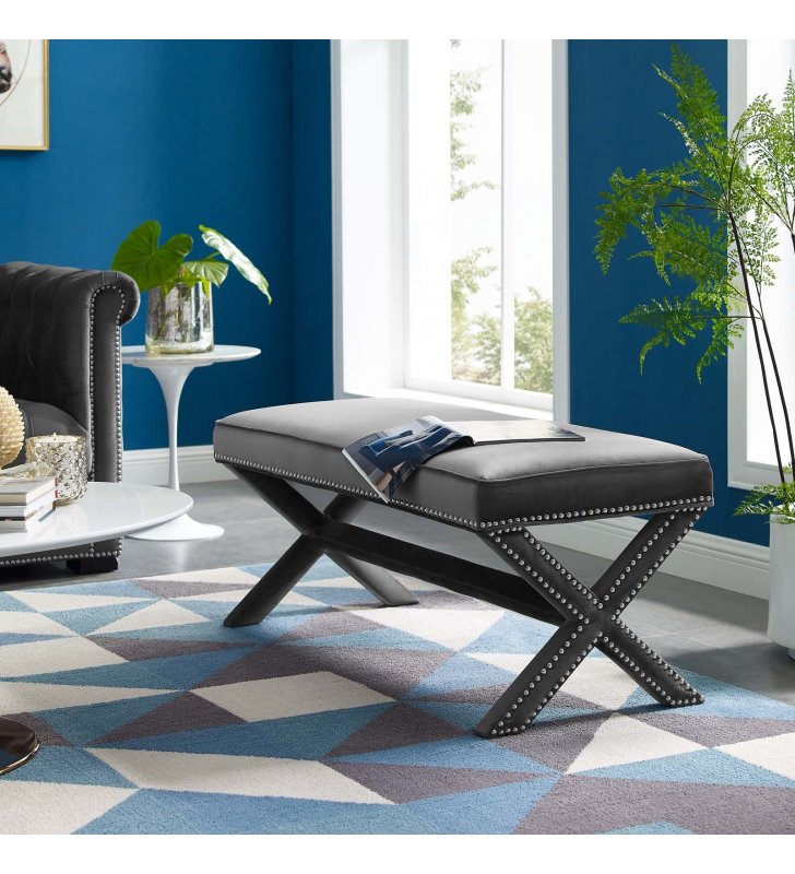 Rivet Performance Velvet Bench in Gray - Lexmod