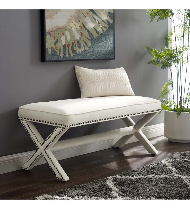Rivet Performance Velvet Bench in Ivory - Lexmod
