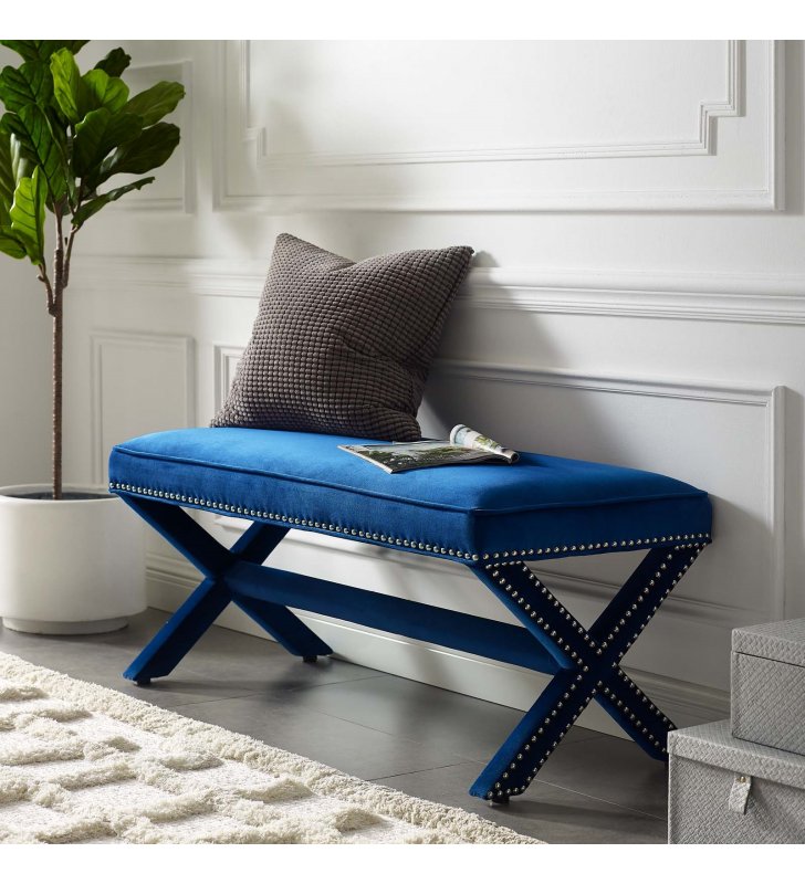 Rivet Performance Velvet Bench in Navy - Lexmod
