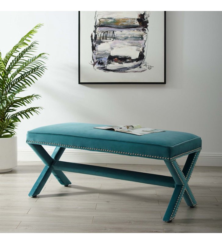 Rivet Performance Velvet Bench in Sea Blue - Lexmod