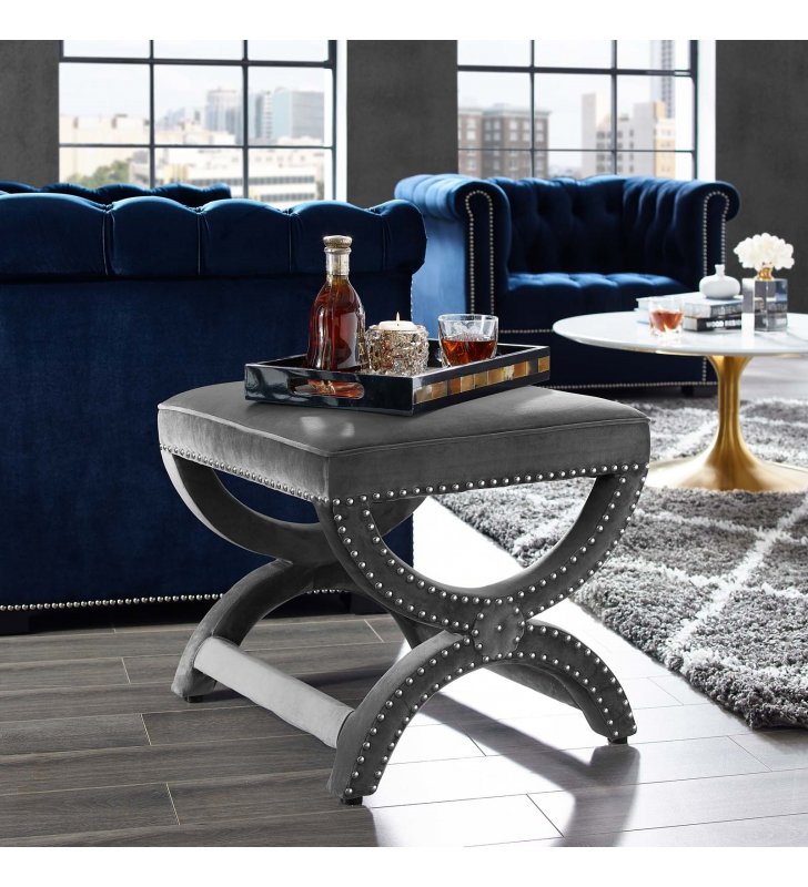 Expound Upholstered Nailhead Trim Performance Velvet Ottoman in Gray - Lexmod