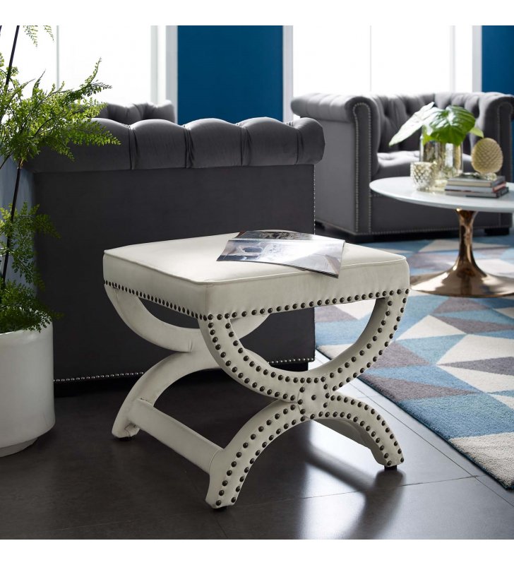 Expound Upholstered Nailhead Trim Performance Velvet Ottoman in Ivory - Lexmod