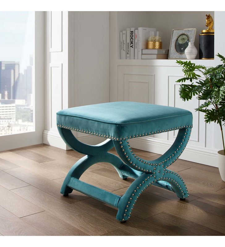 Expound Upholstered Nailhead Trim Performance Velvet Ottoman in Sea Blue - Lexmod