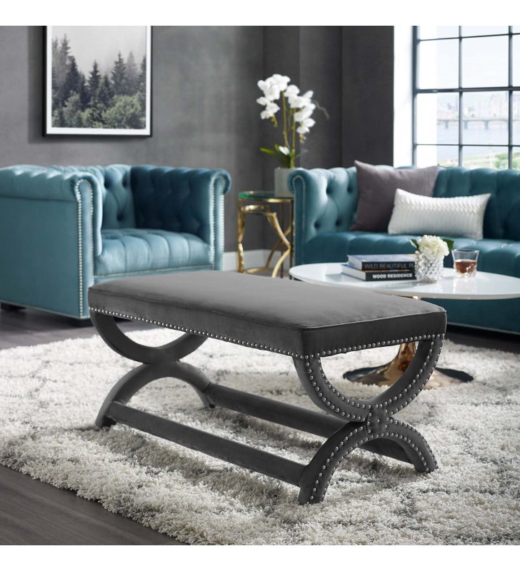 Expound Upholstered Nailhead Trim Performance Velvet Bench in Gray - Lexmod