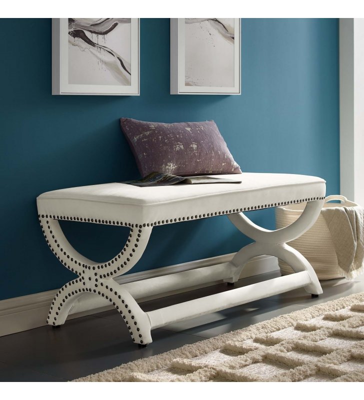 Expound Upholstered Nailhead Trim Performance Velvet Bench in Ivory - Lexmod