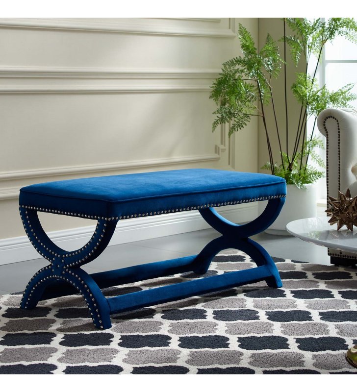 Expound Upholstered Nailhead Trim Performance Velvet Bench in Navy - Lexmod