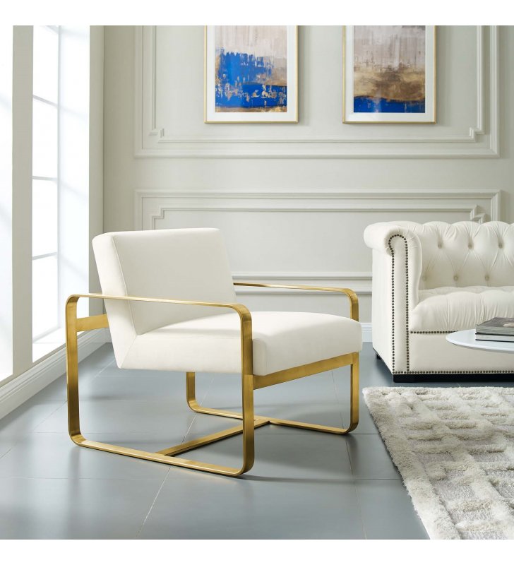 Astute Performance Velvet Armchair in Ivory - Lexmod