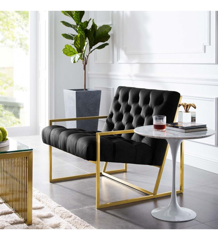 Bequest Gold Stainless Steel Performance Velvet Accent Chair in Black - Lexmod