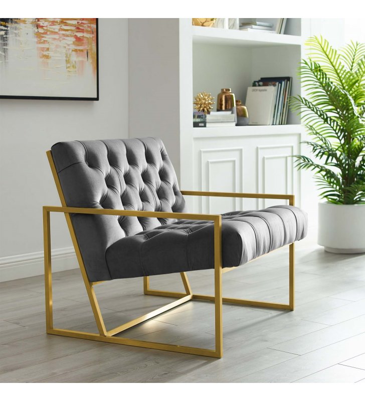 Bequest Gold Stainless Steel Performance Velvet Accent Chair in Gray - Lexmod