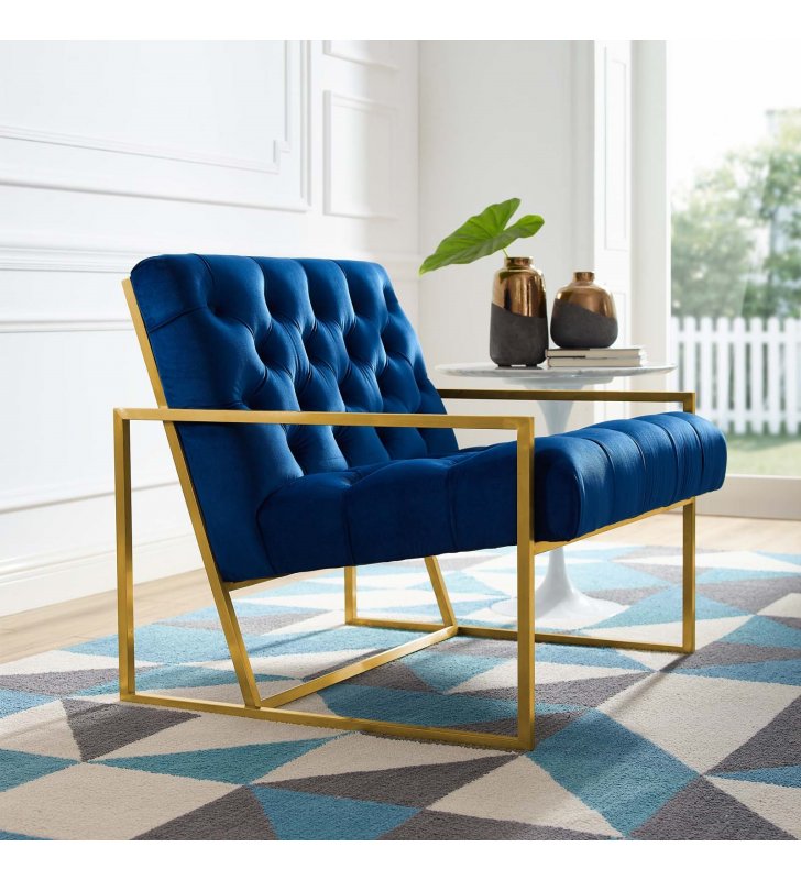 Bequest Gold Stainless Steel Performance Velvet Accent Chair in Navy - Lexmod