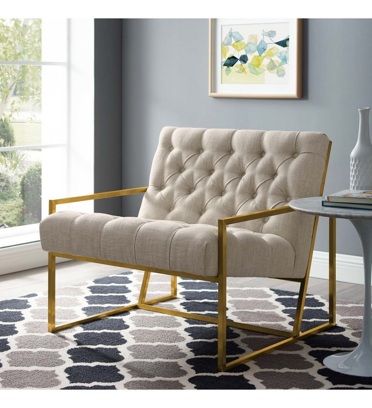 Bequest Gold Stainless Steel Upholstered Fabric Accent Chair in Beige - Lexmod