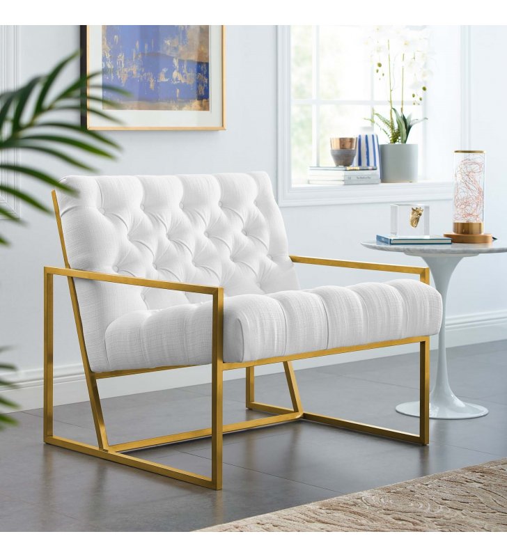 Bequest Gold Stainless Steel Upholstered Fabric Accent Chair in White - Lexmod