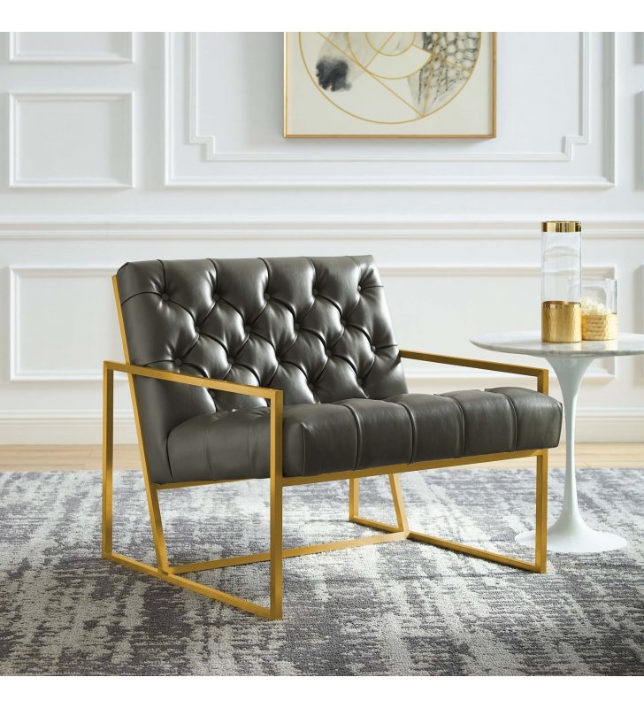 Bequest Antique Gold Stainless Steel Faux Leather Accent Chair in Gray - Lexmod
