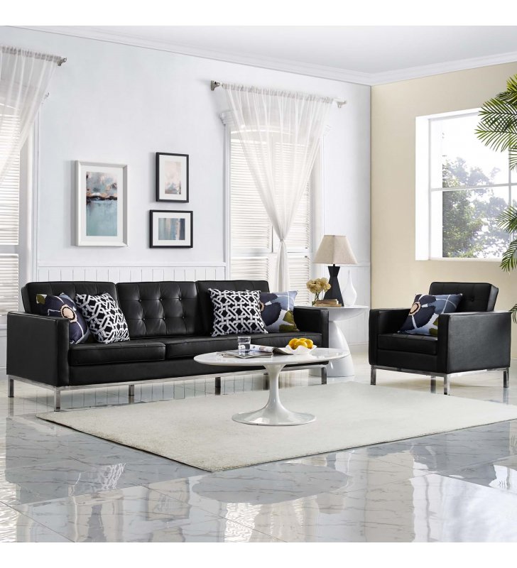 Loft 2 Piece Leather Sofa and Armchair Set in Black - Lexmod
