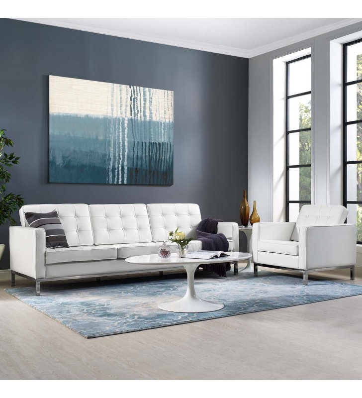 Loft 2 Piece Leather Sofa and Armchair Set in Cream White - Lexmod