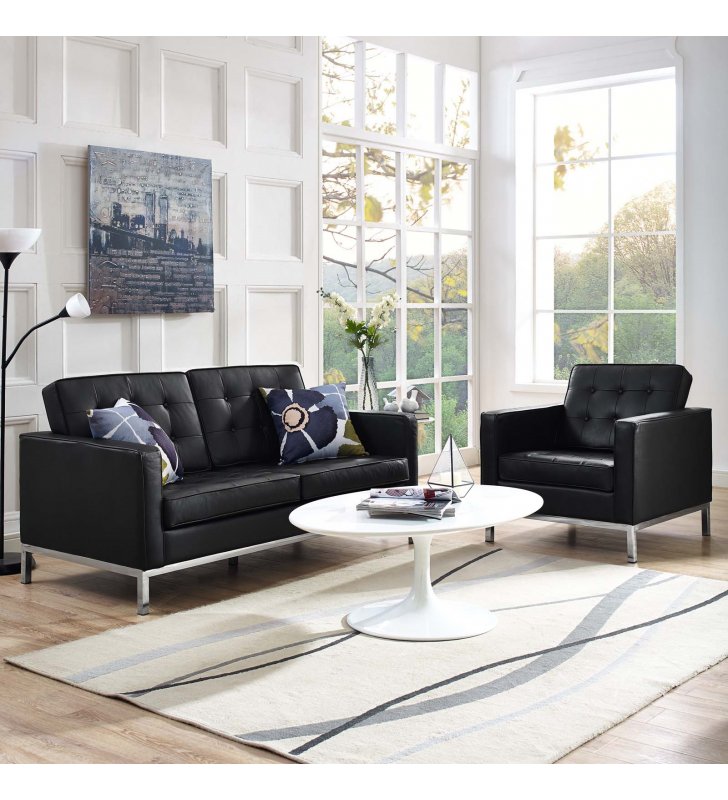Loft 2 Piece Leather Loveseat and Armchair Set in Black - Lexmod